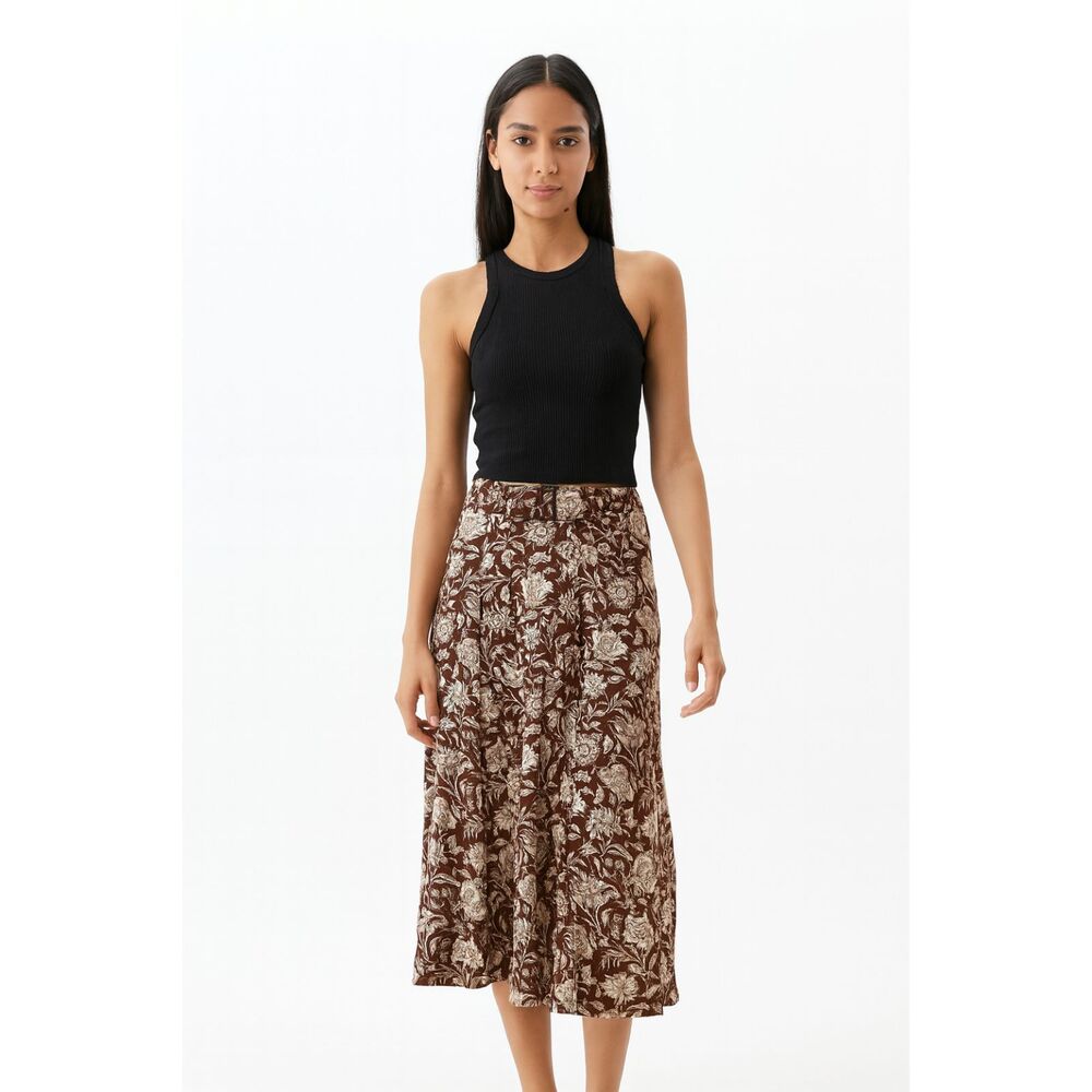 THE HOME-HOLIDAY Mena Floral Retro Belted Midi Skirt Brown NWT Small